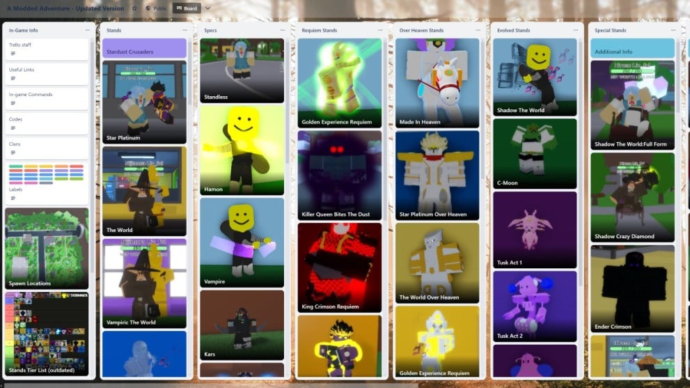 The A Modded Adventure Trello board.