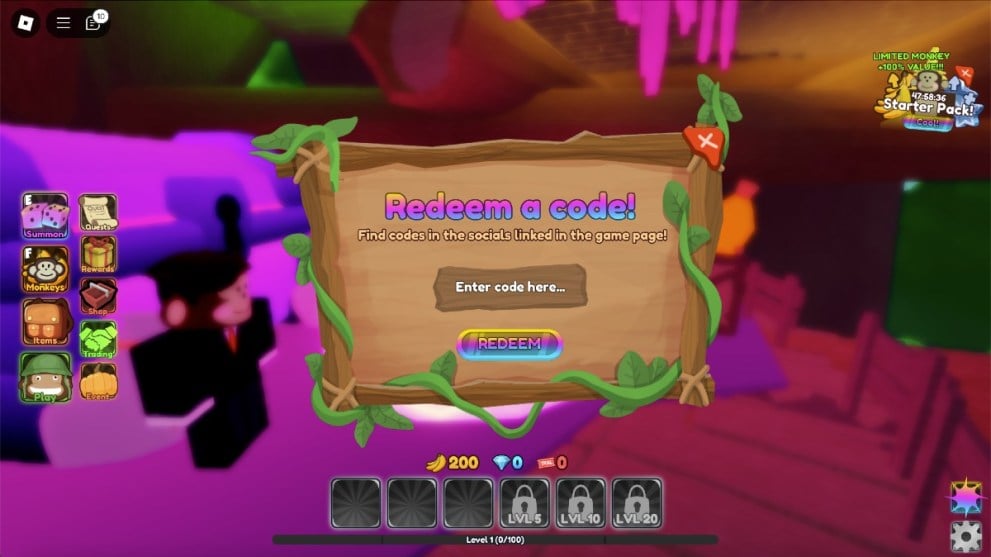 The code redemption box in Banana Tower Defense.