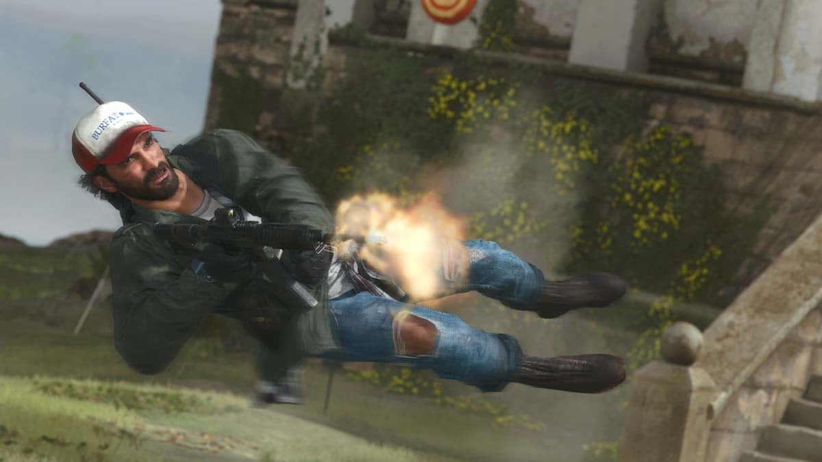 Black Ops 6 player diving sideways while firing gun. A building with a red and white target on its roof is in the background