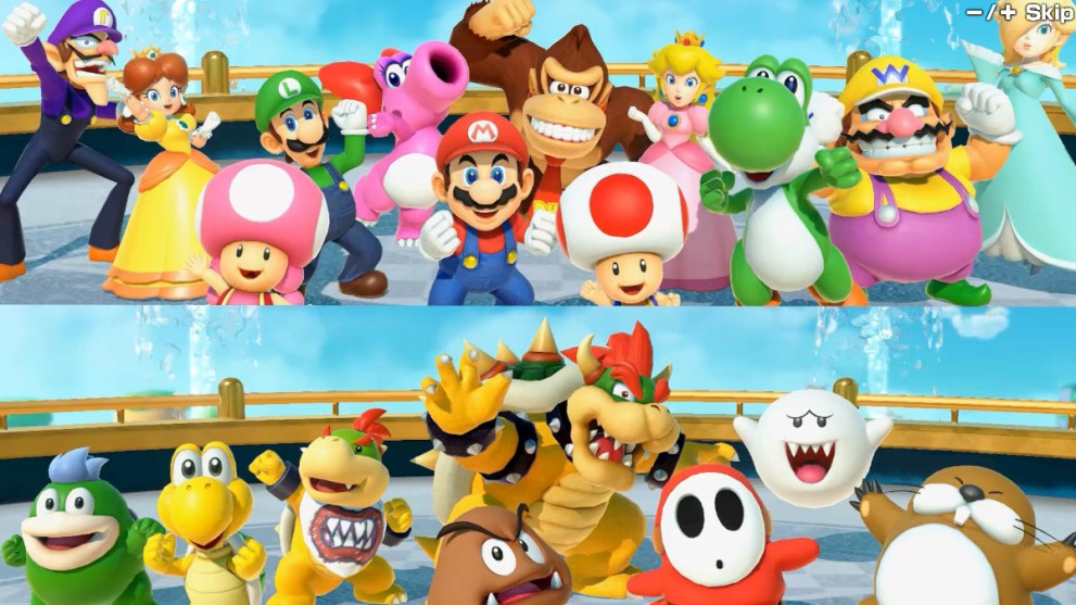 Split screen of 'good' and 'bad' Mario Party characters. 