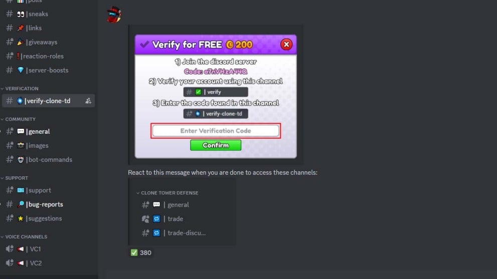 Clone Tower Defense personal code verification page in Discord