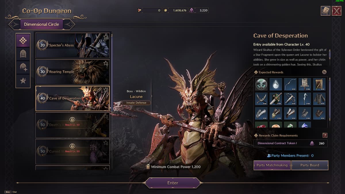 The Coop Dungeon menu screen in Throne and Liberty