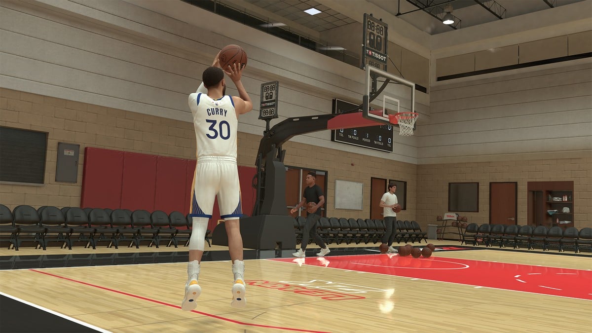 NBA 2K25 player making a difficult jump shot with custom settings