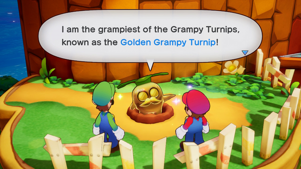 Mario and Luigi speaking to Golden Grampy Turnip