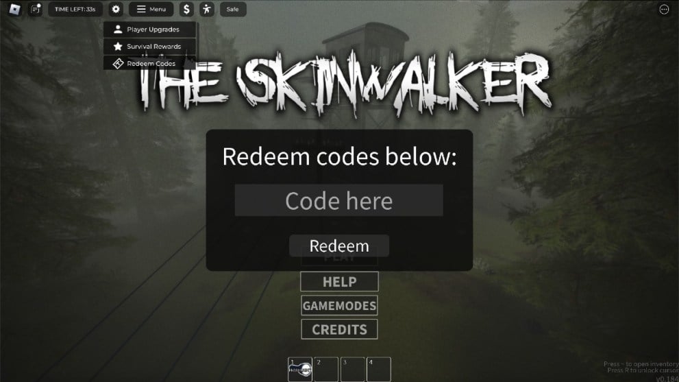 The code redemption screen in The Skinwalker.