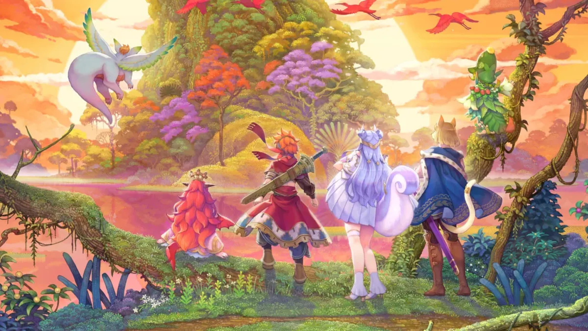 Visions of Mana Key Art of Party Members in Front of Mana Tree